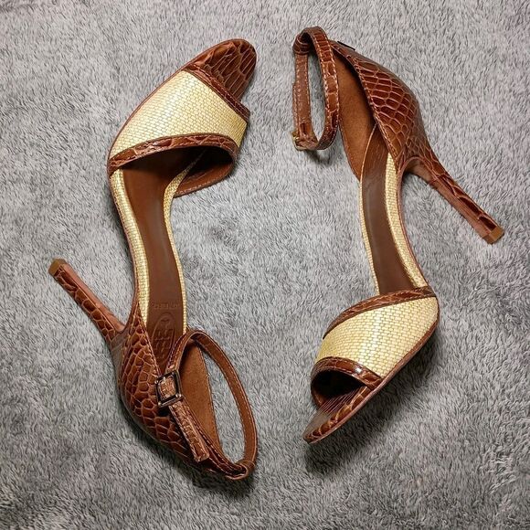 Tory Burch Croc Designed Ankle Strap Peep Toe Leather Heels Sandals Size 7M 7 M - Picture 7 of 16
